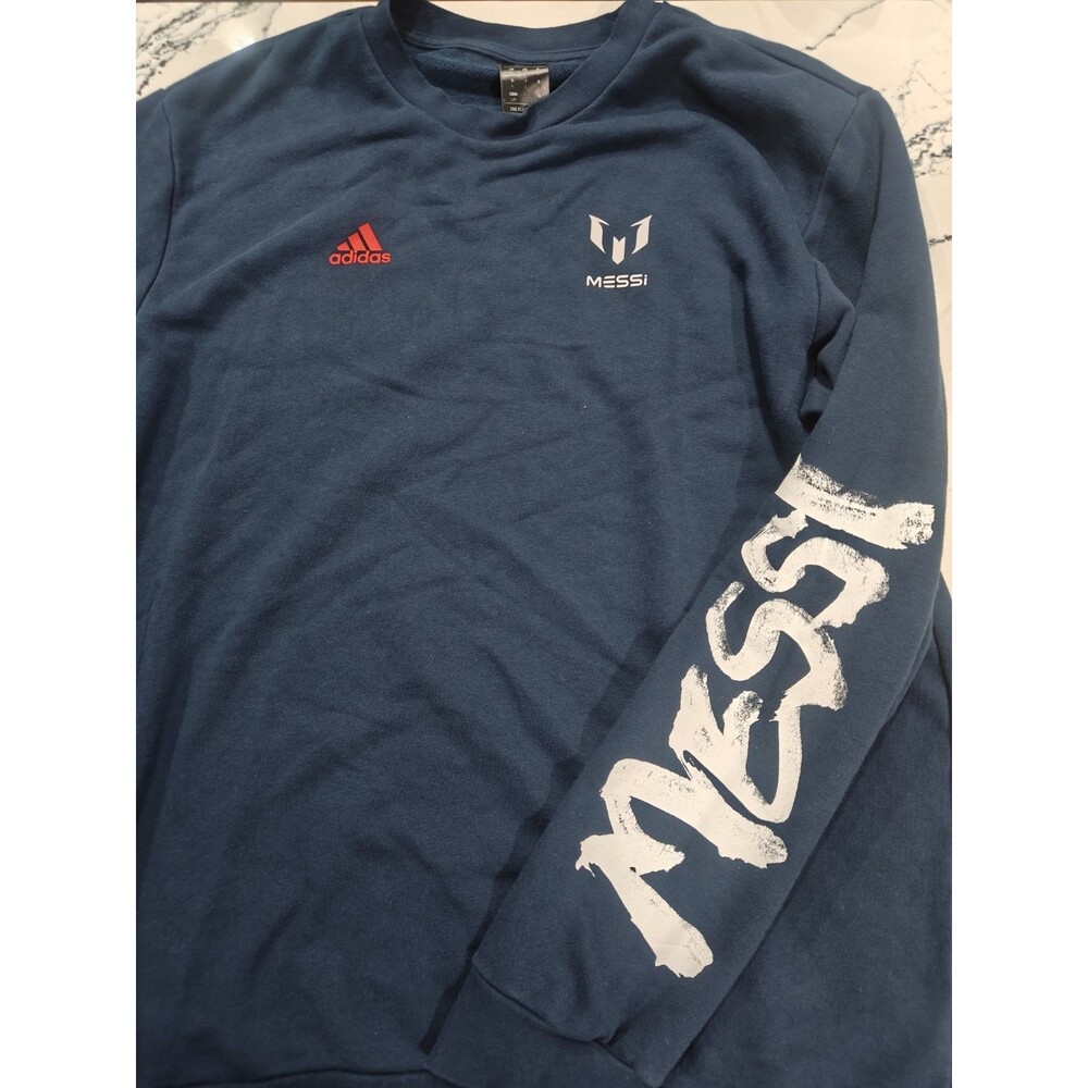 Size Large Adidas MESSI Logo Pullover crewneck Graphic Sleeve Blue